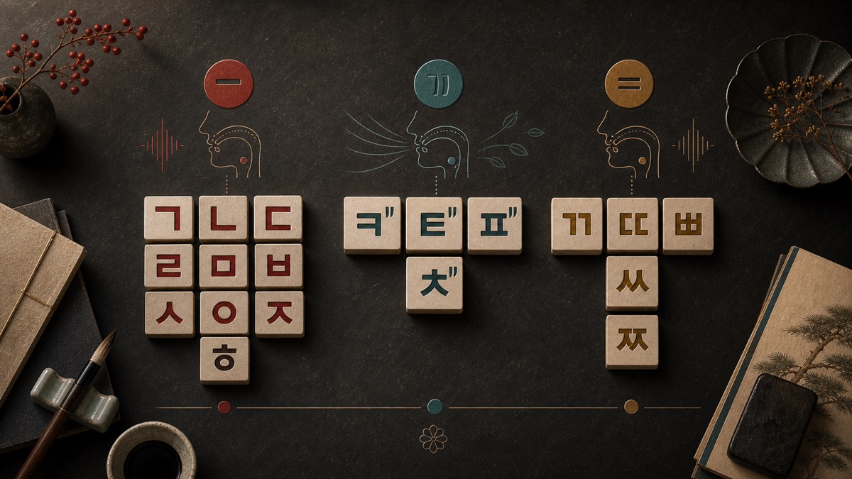 Studiebeeld met gegroepeerde gewone, geaspireerde en gespannen Hangul-medeklinkers.