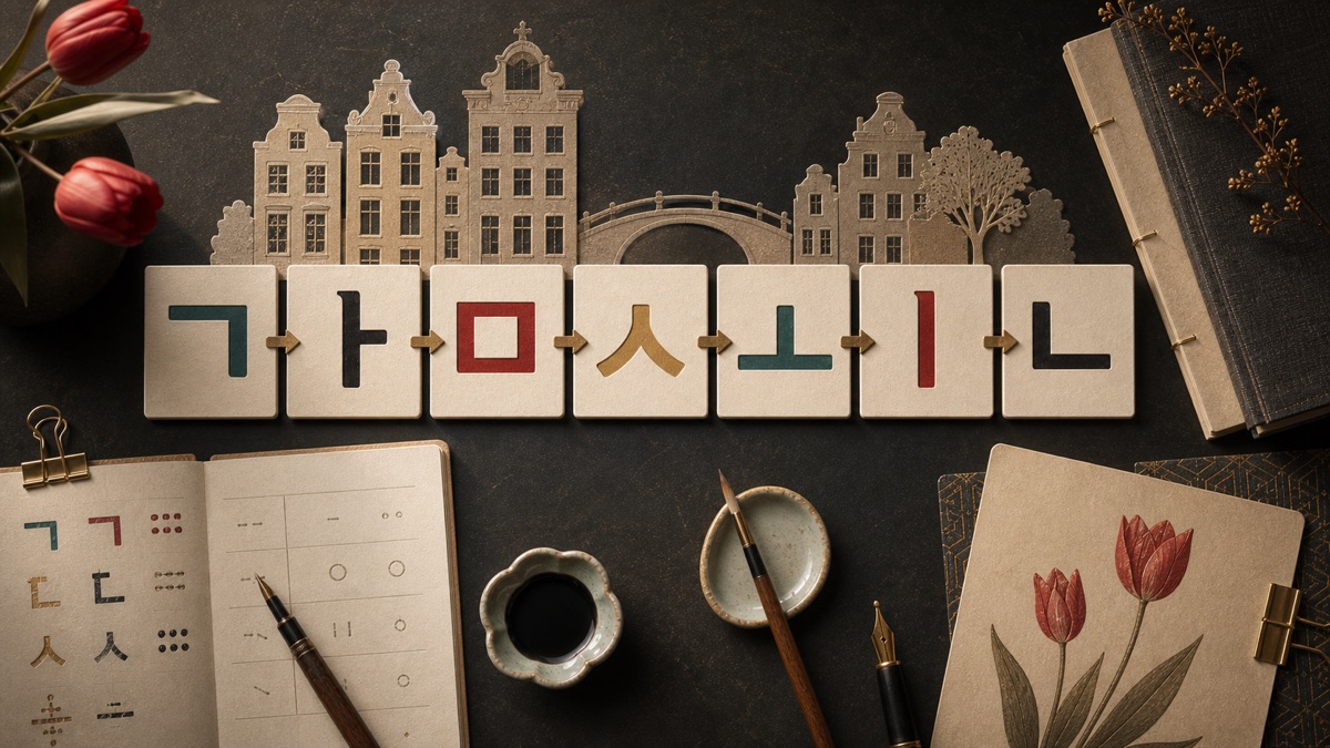 Hangul learning tiles bridging Dutch study notes and Korean letter forms.