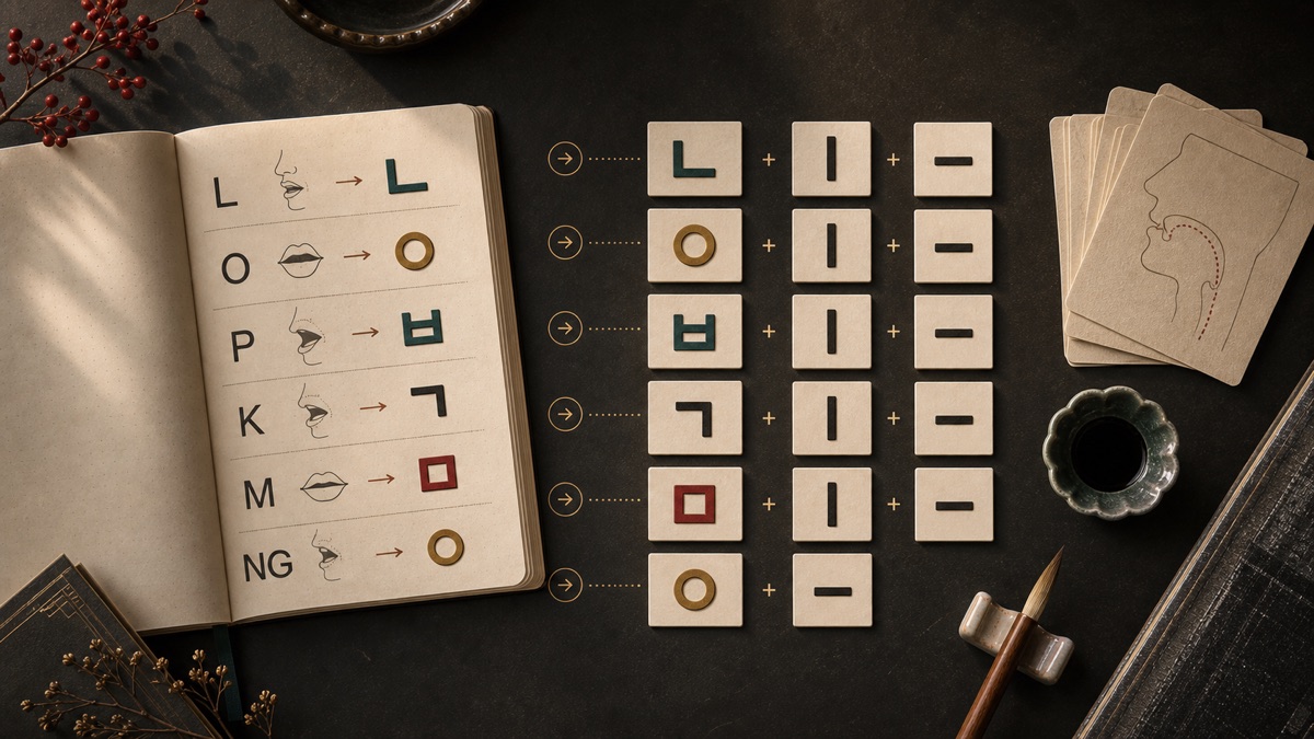 Study cards comparing romanized sound notes with Hangul letter tiles.