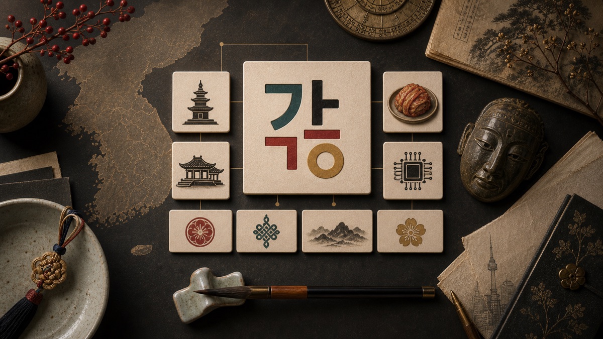 A curated editorial collage of Korean cultural, historical, and modern study objects.