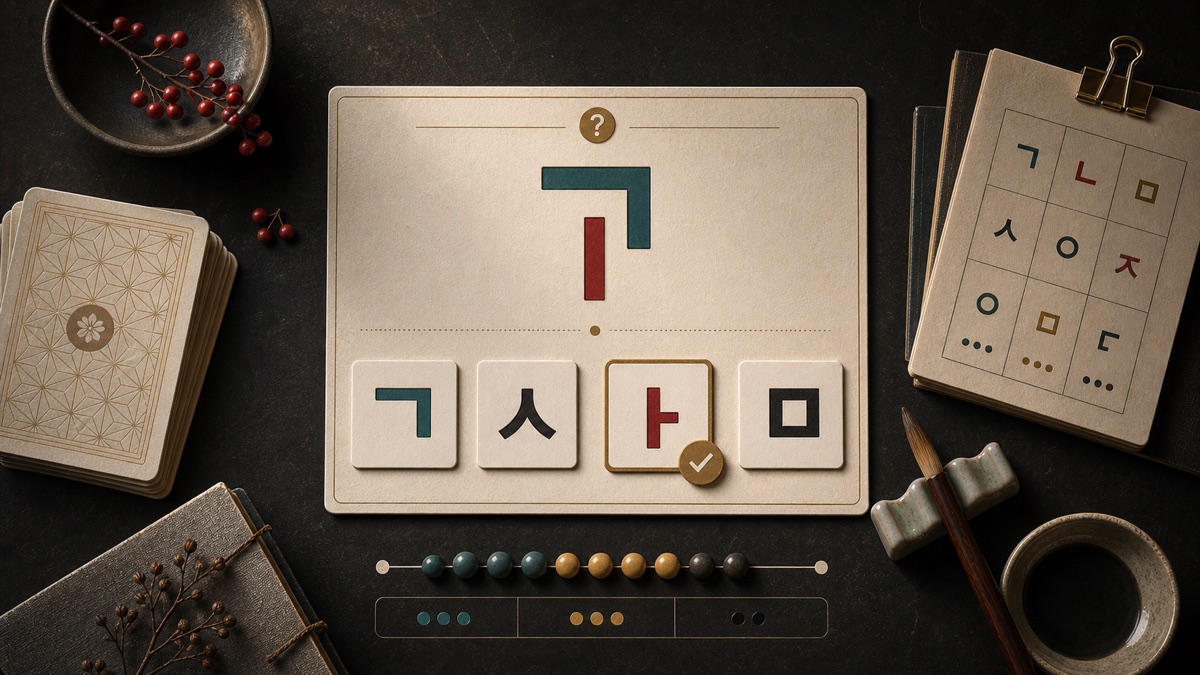 Hangul quiz answer cards with a selected gold check token.