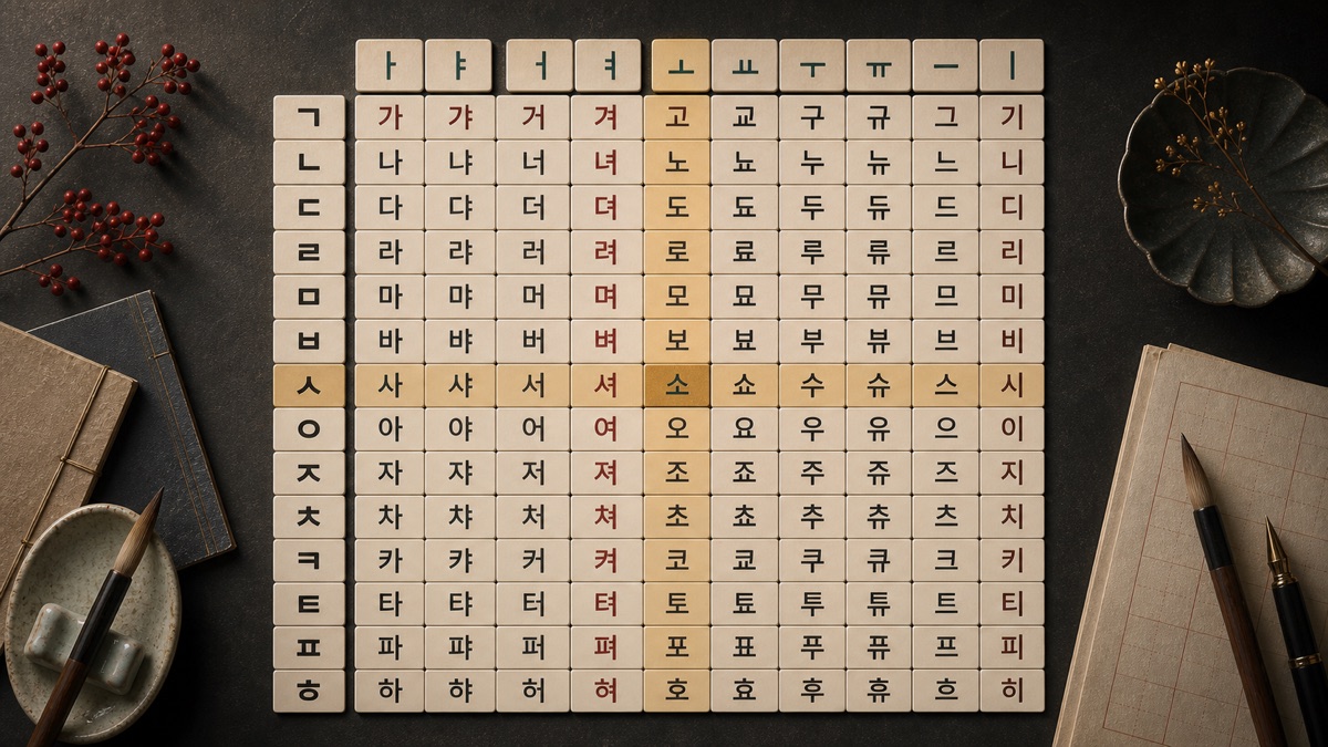A grid of Hangul consonant and vowel combinations arranged like a syllable chart.