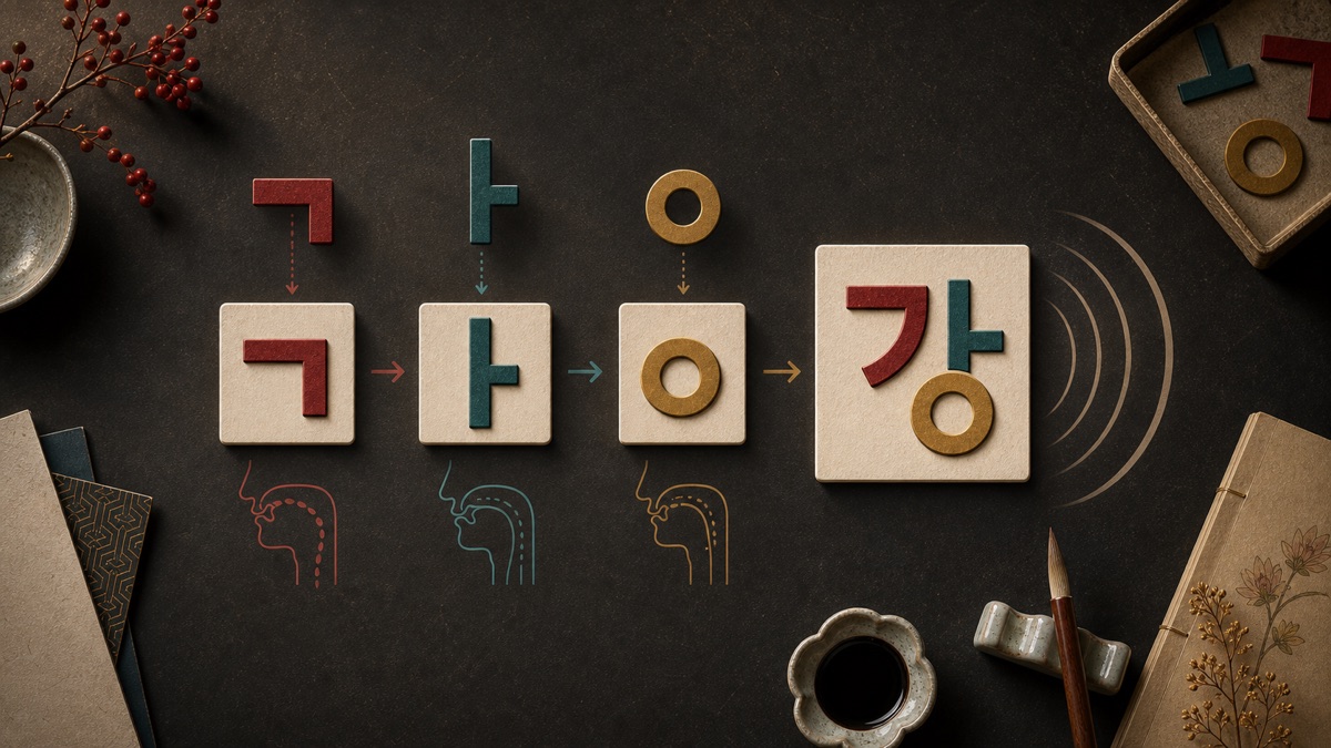 Initial, vowel, and final consonant pieces sliding together into a Hangul syllable block.
