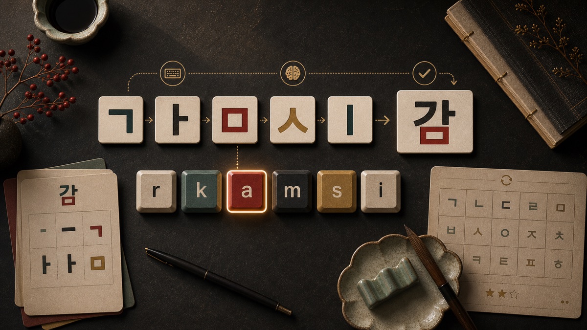Studiebeeld met vloeiende Hangul-klinkers en samengestelde klinkervormen.
