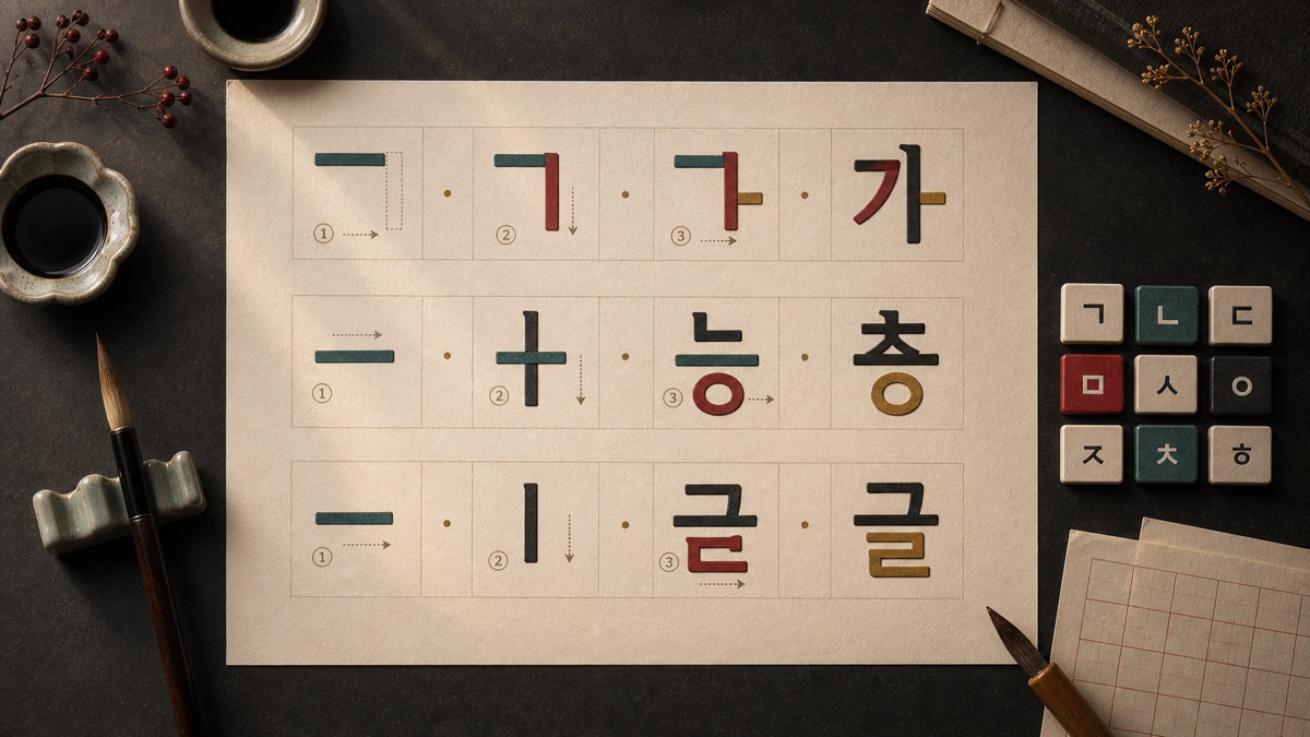 Hangul stroke practice sheet with writing tools and directional marks.