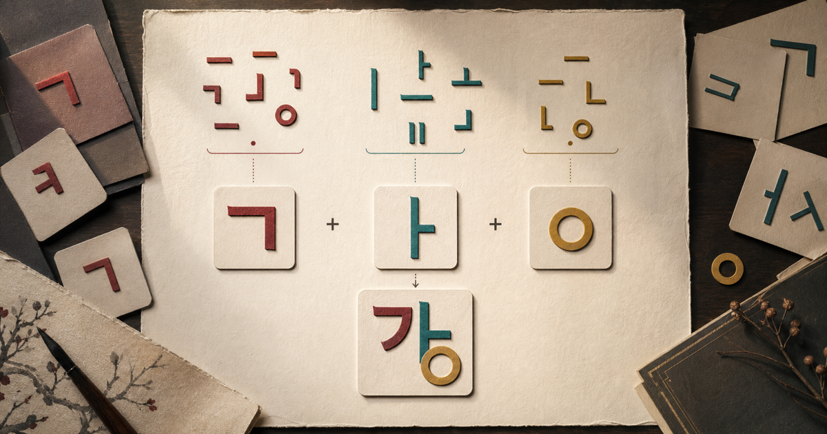 Hangul consonant, vowel, and final consonant pieces combining into a Korean syllable block.